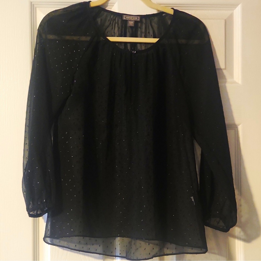 Point Sur Black Sheer Chiffon Swiss Dot Long Puff Sleeve Blouse 2XS Whimsygoth